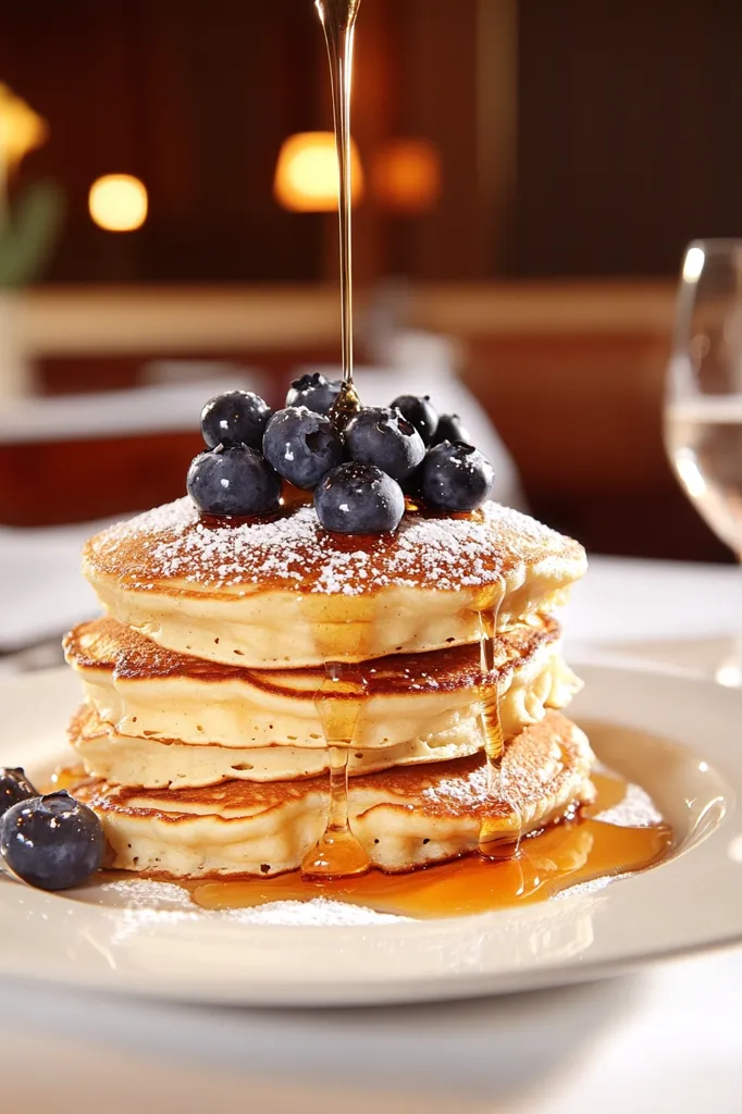 A stack of fluffy pancakes, topped with blueberries and dusted with powdered sugar, sits on a white plate. A stream of golden syrup descends from above, adding a sweet touch to the delicious breakfast treat. The image captures a moment of culinary delight, tempting the senses with its vibrant colors and inviting aromas.
