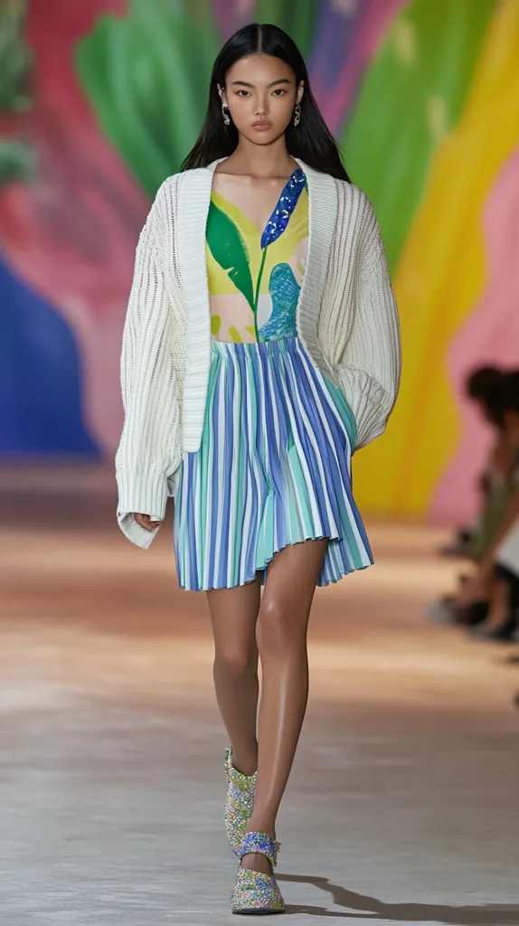 A young woman walks down a runway wearing a white cardigan over a colorful patterned top and a blue and green striped skirt. Her long dark hair flows down her back and she is wearing sparkling shoes. The background is a blurred abstract design with a pop art feel.  The model's confident stride and bright, eye-catching attire exude a sense of vibrant femininity.