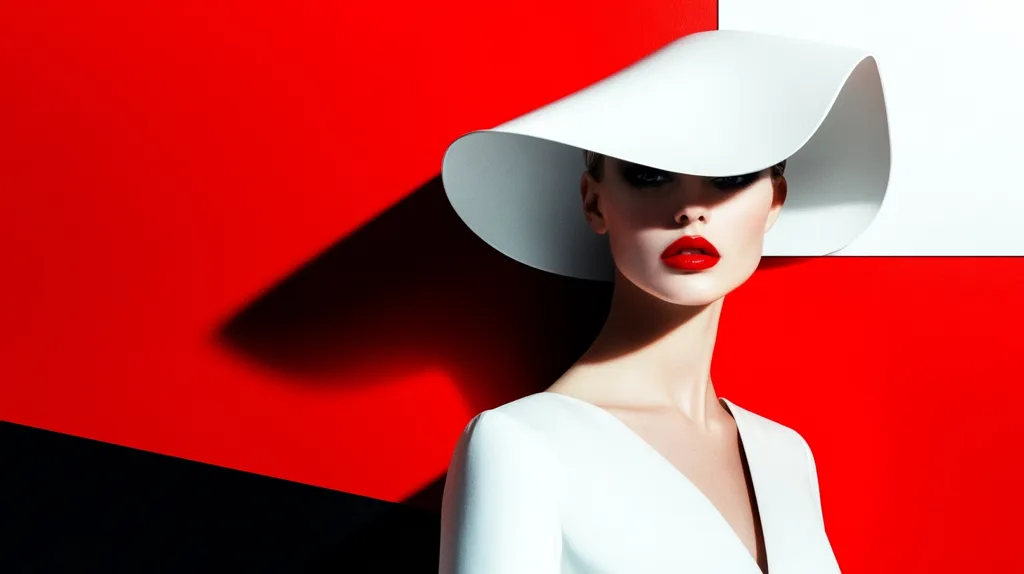 A woman in a white dress and a large, white, brimmed hat stands against a red and white background. The woman is looking straight ahead, her lips painted a bold red. The image is in black and white except for the woman's lips and the background. The composition is minimalist and stylish.