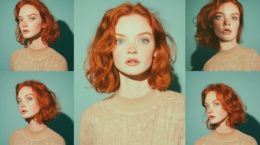 The image shows a young woman with long, wavy red hair. She is wearing a light brown sweater and is looking at the camera. The background is a light blue. The image is divided into five frames, each showing a different angle of the woman's face. The lighting is soft and warm. The image has a vintage feel.  The woman's face is framed by her hair and her eyes are light blue, with a slightly surprised expression.  The image is likely a portrait, and the woman is the subject of the photo.