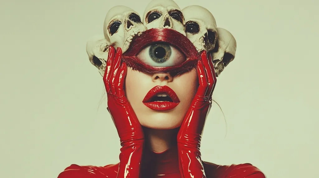 A woman wearing a red latex suit and gloves has a large, single eye in place of her forehead.  She has red lipstick and the eye is surrounded by a ring of human skulls.  The background is a pale green.  The image has an eerie and somewhat disturbing atmosphere.  The woman's expression is one of surprise or fear.