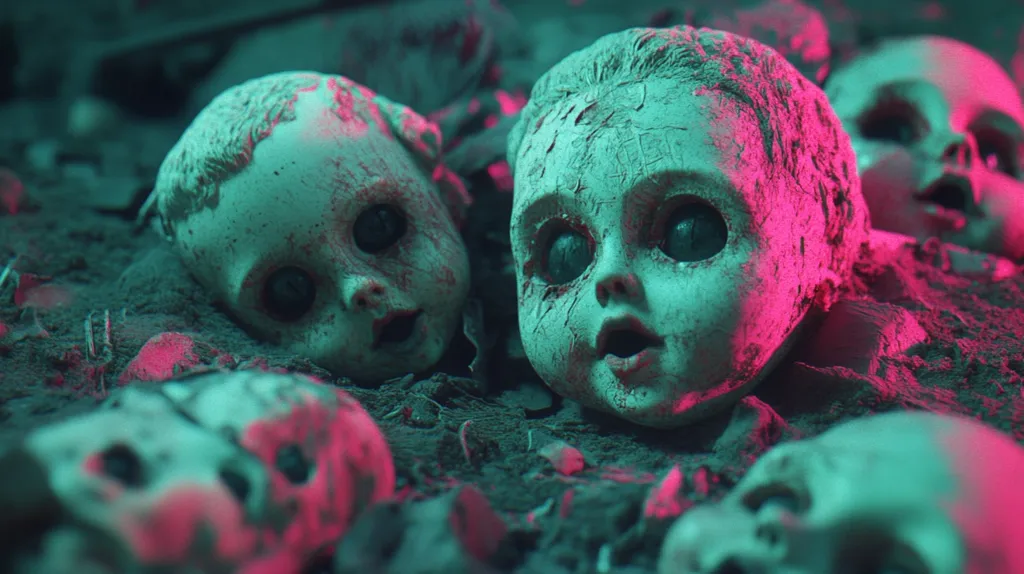 A collection of doll heads, their porcelain skin cracked and stained, lay scattered in the dirt. Their eyes are wide and vacant, their mouths slightly open in an eerie smile.  The dolls are illuminated by an unsettling pink and green light, adding to the creepy ambiance of the scene.