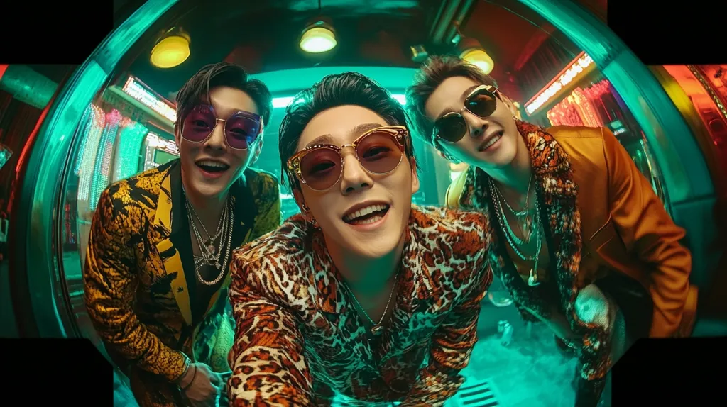 Three men in stylish outfits and sunglasses are standing in a neon-lit space. They are all smiling and looking at the camera. The man in the middle is wearing a leopard print shirt and is positioned closer to the viewer. The man on the left is wearing a yellow patterned jacket and the man on the right is wearing a gold jacket. The image is taken with a fish-eye lens, which creates a distorted perspective.  The brightly colored lights create a vibrant and energetic atmosphere.