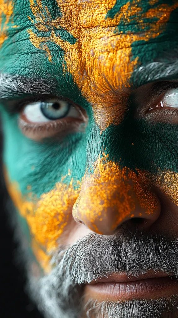 A close-up of a man's face, painted in green and gold. His blue eyes are piercing, and his grey beard is thick and full. The gold paint glitters on his skin, highlighting the wrinkles around his eyes. The image is a study in contrasting textures and colors.