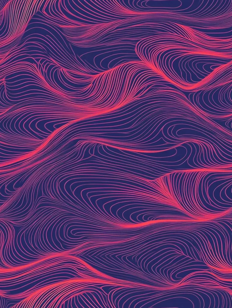 The image is an abstract design of pink wavy lines on a deep blue background. The lines are thin and intricate, creating a sense of depth and movement. The design resembles a topographical map or a flowing liquid, with the lines creating peaks and valleys. It is a visually appealing and captivating abstract design.