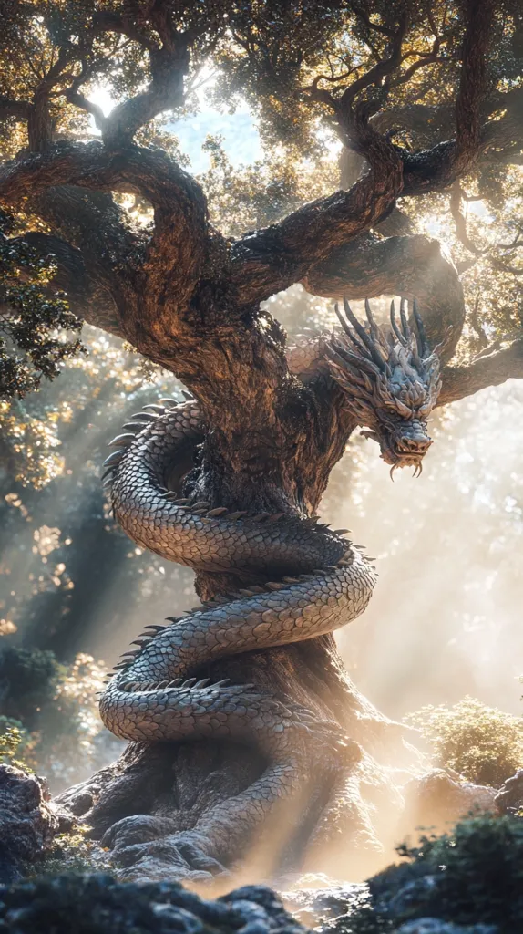 A large, ancient tree with gnarled branches stands in a misty forest. A majestic dragon, with scales of silver and gold, wraps its serpentine body around the trunk of the tree. The dragon's head, with sharp teeth and piercing eyes, looks out from the branches. The sun shines through the foliage, creating a warm glow on the scene. The image evokes a sense of mystery and wonder, suggesting a mythical world where dragons and ancient trees coexist.