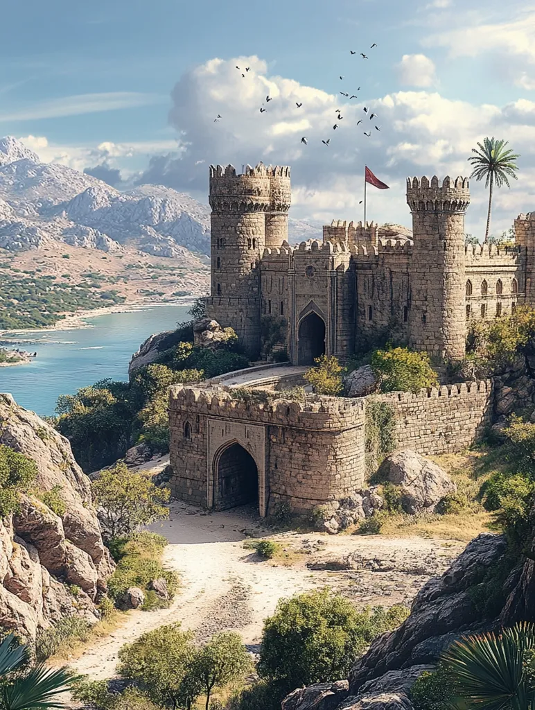 A majestic stone castle stands atop a rocky hill, overlooking a turquoise bay and a distant mountain range. The castle boasts towering towers, a grand entrance gate, and intricate details. A red flag flies proudly from the highest tower. The scene is bathed in warm sunlight, with a few birds soaring overhead. The surrounding landscape is lush and verdant, suggesting a thriving kingdom.  The castle appears to be a symbol of power and protection, standing guard over the coastline.