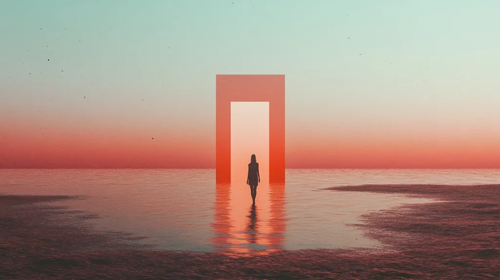 The image depicts a lone figure walking towards a large, red, rectangular doorway that appears to be situated in the middle of the ocean.  The sky is a gradient of blue and orange, suggesting a sunset or sunrise.  The scene evokes a sense of mystery and the unknown. The vastness of the sea symbolizes the vastness of possibilities.