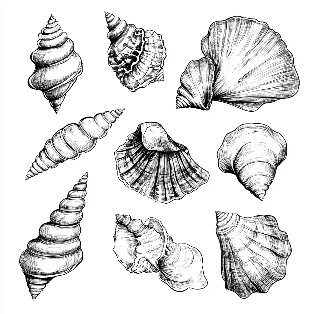 A collection of nine seashells, drawn in black ink on a white background. The shells are all different shapes and sizes, with some being more detailed than others. They are arranged in a scattered pattern, with some overlapping. The drawing is done in a realistic style.