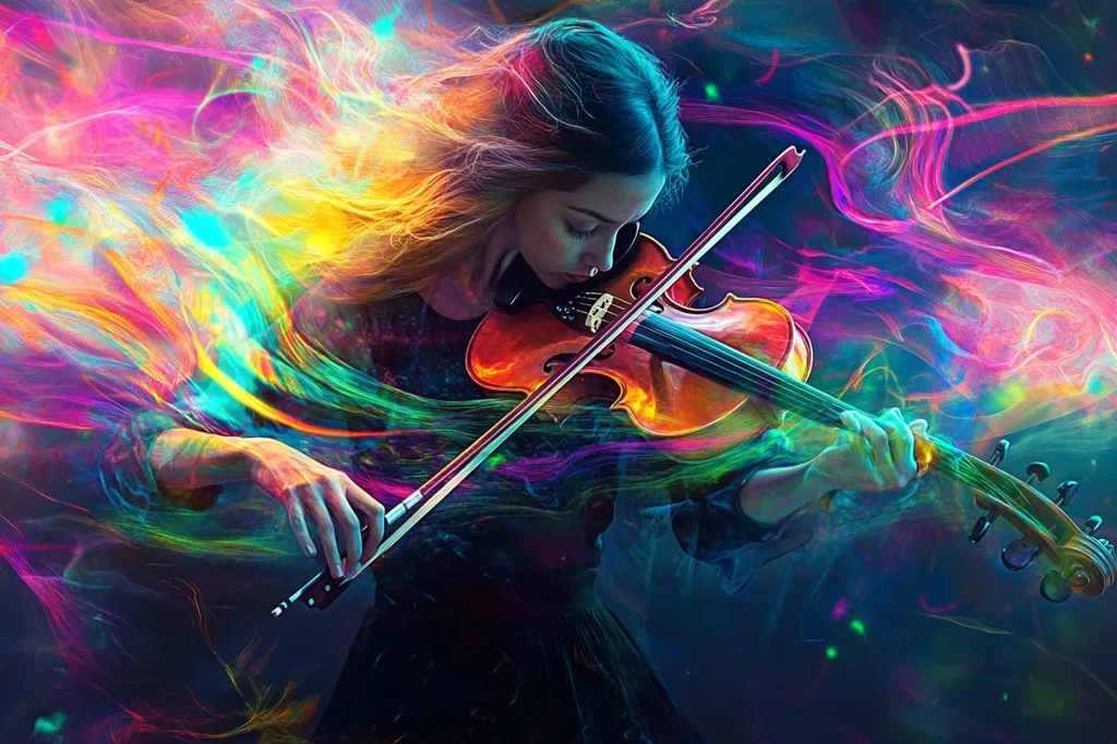 A young woman with flowing hair plays a violin, her face concentrated as she makes music.  The background is a swirling nebula of vibrant colors, including reds, pinks, blues, and yellows. The image captures the raw emotion and power of music, as the woman's passion is reflected in the luminous light emanating from the violin.