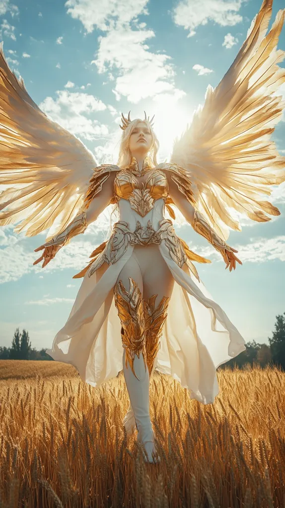 A woman in a golden armor and white flowing robes stands in a field of wheat, her wings spread wide behind her. The sun shines brightly above, casting a warm glow on the scene. Her expression is serious and determined, as if she is about to embark on a great quest.  She stands with her arms outstretched, ready to embrace her destiny.  The field of wheat stretches out before her, a symbol of the bounty of the earth.  She is a warrior, a protector, and a force to be reckoned with.