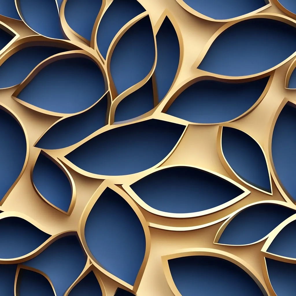 An abstract pattern of overlapping, golden leaf shapes, layered over a deep blue background. The leaves create a sense of depth and dimension, with the light reflecting off the gold. The image has a luxurious and elegant feel.