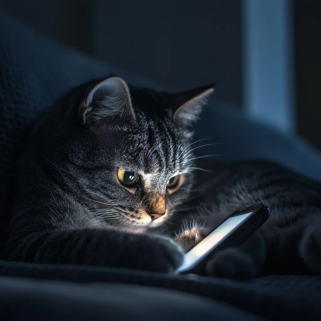 A tabby cat lies on a bed in dim light, its head tilted as it stares intently at a smartphone held in its paws. The screen's glow illuminates the cat's face, highlighting its piercing yellow eyes. Its fur is soft and dark, contrasting against the muted background. The cat's focused gaze suggests its fascination with the device and its desire to engage with the digital world.