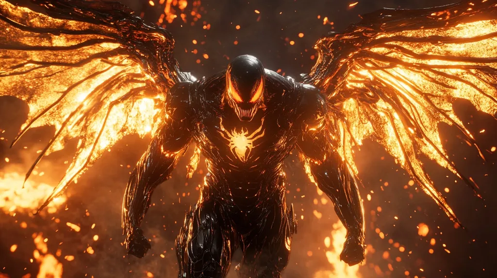 The image shows a dark, menacing figure with glowing red eyes and a large, gaping mouth. It is covered in a black, viscous substance that appears to be on fire, and it has large wings made of the same substance. The figure is standing in front of a background of fire and sparks. The overall image is dark, foreboding, and suggests power and danger.  The figure is likely a representation of a creature from a fantasy or horror setting.