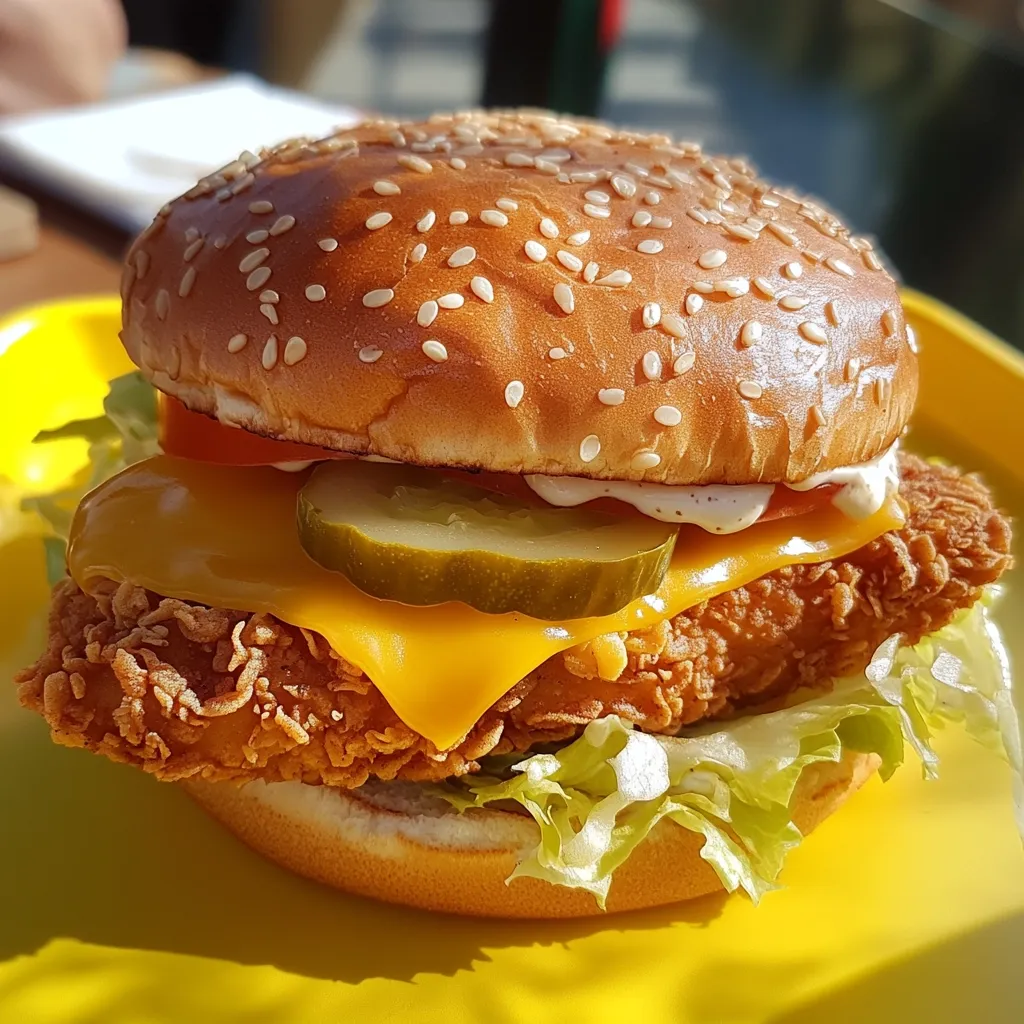A crispy fried chicken burger sits on a yellow plate, ready to be devoured.  The burger is topped with melted cheese, a pickle, a slice of tomato, and a dollop of creamy sauce.  The sesame seed bun is golden brown and glistening.  The burger is surrounded by fresh lettuce, adding a touch of green.  The yellow plate reflects the bright sunlight, enhancing the vibrant colors of the food.
