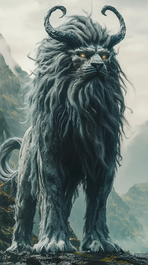 A large, furry, gray creature with horns stands on a rocky outcropping. It has a long, flowing mane and a powerful build. The creature has a pair of glowing yellow eyes that pierce through the mist. The background is a blur of greens and grays, suggesting a mountainous terrain. The creature appears to be mythical or supernatural in nature.