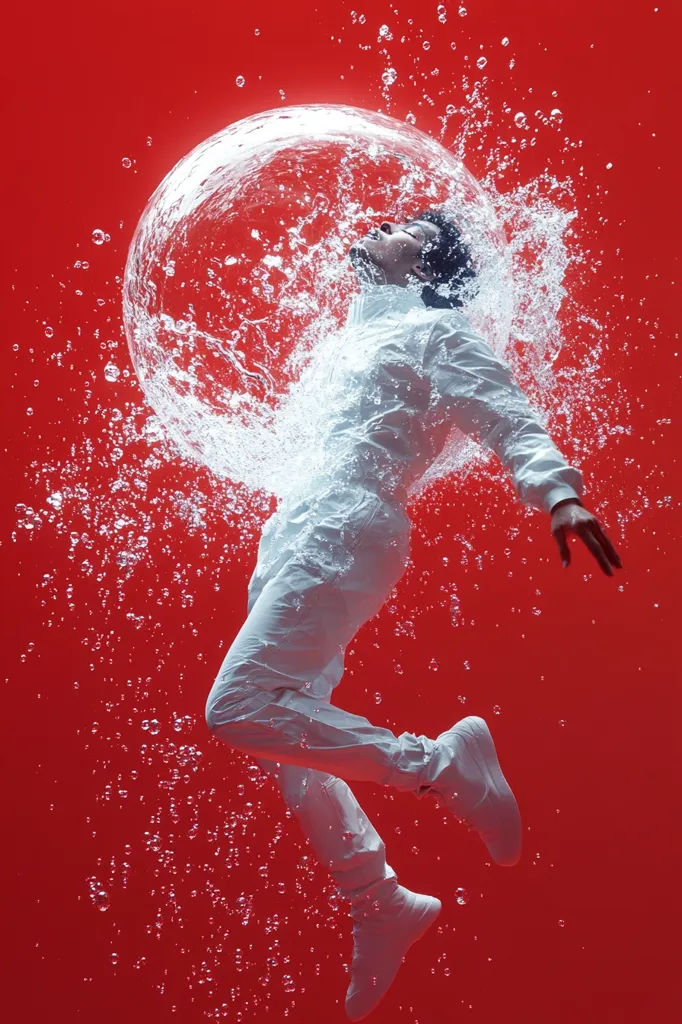 A man in a white suit is suspended in mid-air against a red background. He appears to be submerged in water, as droplets and bubbles surround him. He is looking upward with a slightly surprised expression. The image is vibrant and dynamic, with the water creating a sense of motion and energy. The red background contrasts sharply with the white suit and water droplets, creating a visually striking composition.