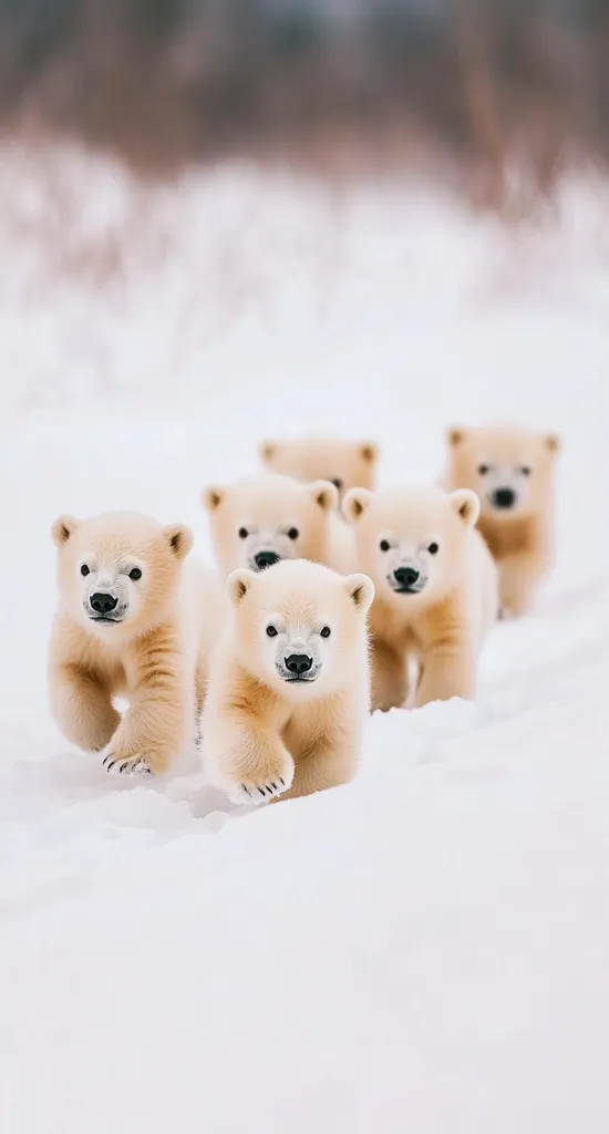 A line of six adorable baby polar bears walk across a snowy landscape.  The bears are all facing the camera, their white fur blending into the background.  Their tiny paws are barely touching the snow, making them appear to be gliding across the surface.  The image is a beautiful example of the beauty and innocence of nature.