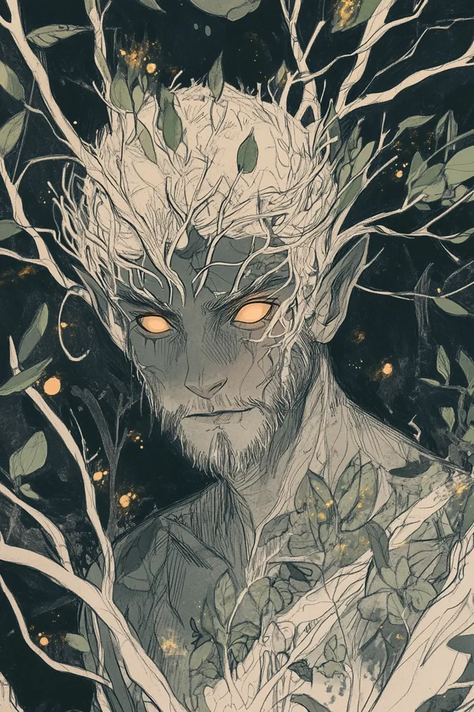 The image depicts a man with a beard and pointed ears, seemingly transforming into a tree. He is surrounded by branches and leaves, his skin blending with the bark. The background is a dark forest with a few golden lights. The art style is realistic with a touch of fantasy, conveying a sense of nature and transformation.  The man's face is a mix of human and tree, with his eyes glowing bright yellow, hinting at something magical or otherworldly.