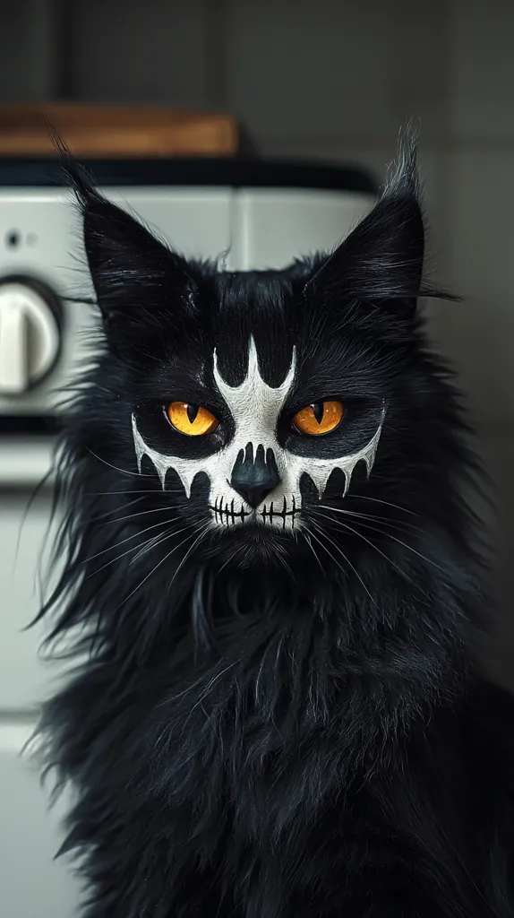 A black cat with long, fluffy fur has a white skull and crossbones painted on its face. The cat has bright yellow eyes and a serious expression. The cat's fur is very soft and fluffy, and its eyes are bright and alert. The cat is sitting in front of a white appliance. It appears to be dressed up for Halloween.