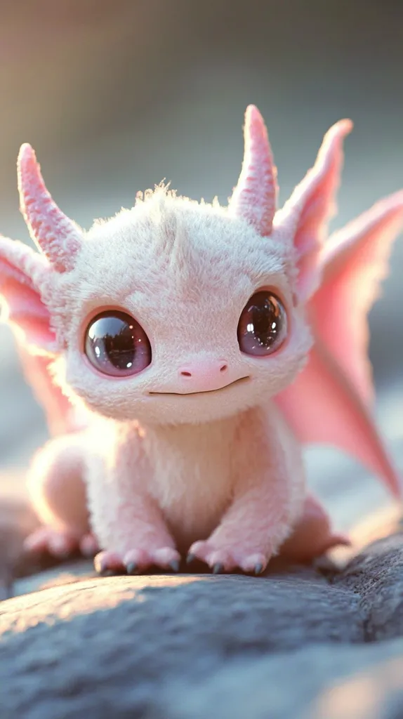 A small, pink, furry dragon sits on a rock, its large eyes staring directly at the camera. The dragon has a sweet, innocent expression and its wings are folded behind it. The background is blurred, with a soft, golden light shining on the dragon. The image evokes a sense of childhood wonder and magical creatures.
