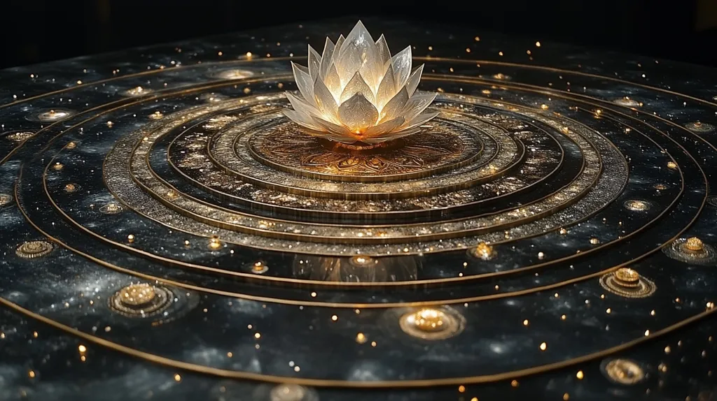 A glowing silver lotus flower sits in the center of a circular, concentric design. The design resembles a solar system, with rings of gold and glittering dots representing planets and stars. The dark background enhances the luminous effect of the lotus and the golden details. The image creates a sense of celestial beauty and cosmic wonder.