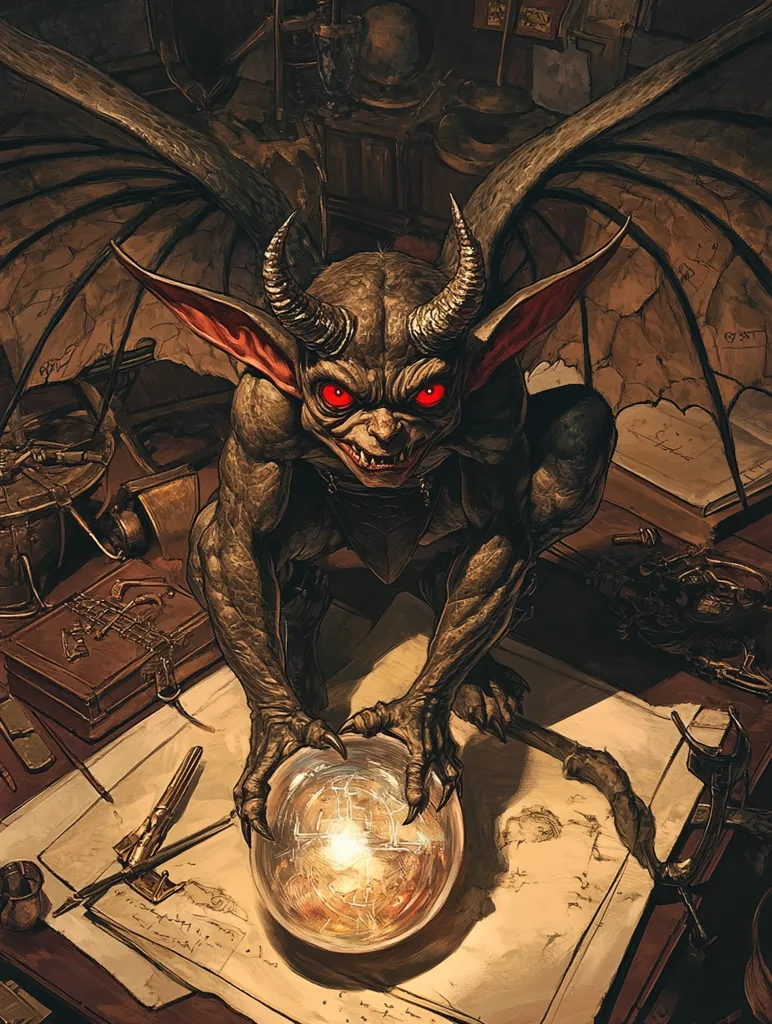 A monstrous creature with bat-like wings and glowing red eyes sits on a table with a crystal ball in its claws. It is surrounded by various objects, including a book, pens, and a map. The creature's menacing expression suggests it is about to use its magic. The scene is lit by a warm, shadowy light.