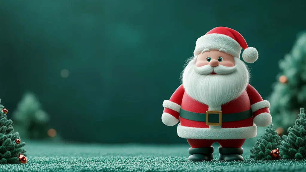 A jolly Santa Claus, rendered in a 3D cartoon style, stands in front of a green, blurry background with small Christmas trees. He is wearing a red suit with a white trim, black boots, and a white beard and mustache. He is smiling, with a playful expression on his face. The image evokes a festive and joyful atmosphere, with a focus on the iconic Christmas character.