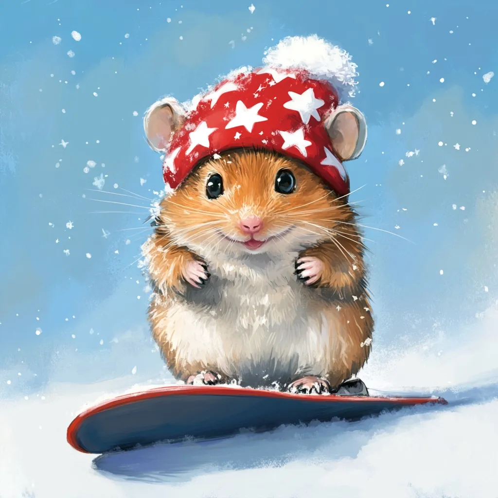 A cute hamster wearing a red and white beanie stands on a snowboard in the snow.  The hamster has a fluffy brown body and a happy expression. The background is a soft blue with white snow falling.  The hamster appears to be enjoying the winter weather and the snow sport.