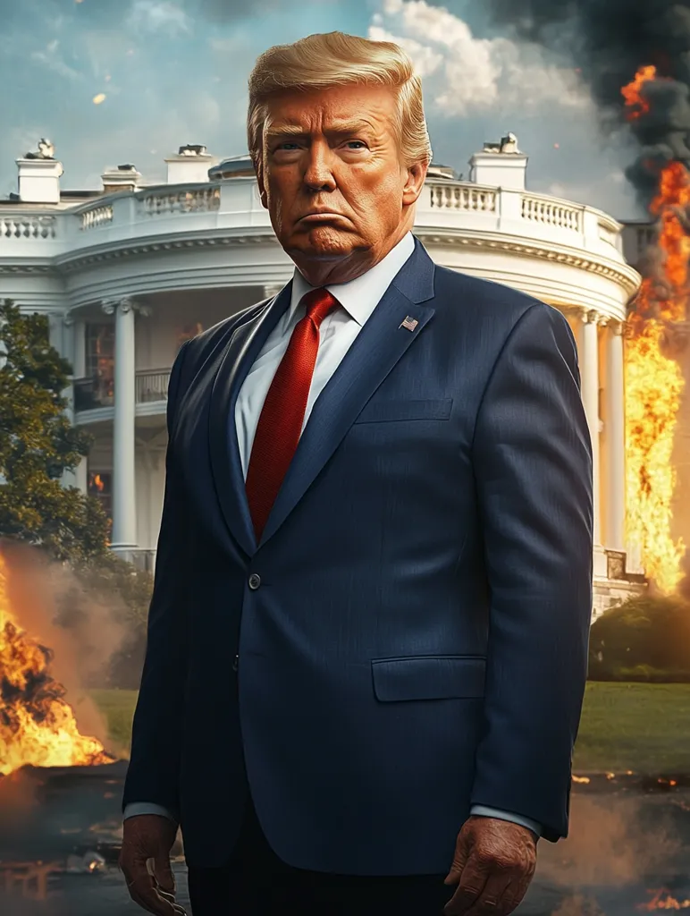 The image shows Donald Trump in a blue suit and red tie, standing in front of the White House, which is engulfed in flames. The image is likely intended to be a political statement about the state of the United States. Trump's serious expression and the burning White House create a sense of tension and uncertainty.  The flames in the background create a dramatic and somewhat apocalyptic visual. The overall message of the image is unclear, but it likely conveys a sense of chaos and turmoil.