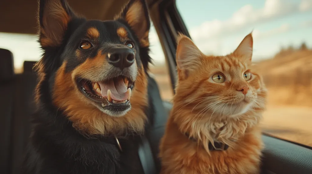 A black and brown dog with its tongue out, sits in the front passenger seat of a car. A fluffy orange cat sits next to it, looking out the window. The cat has a curious look on its face, while the dog seems happy and relaxed. The car is driving on a road with a blurred background.