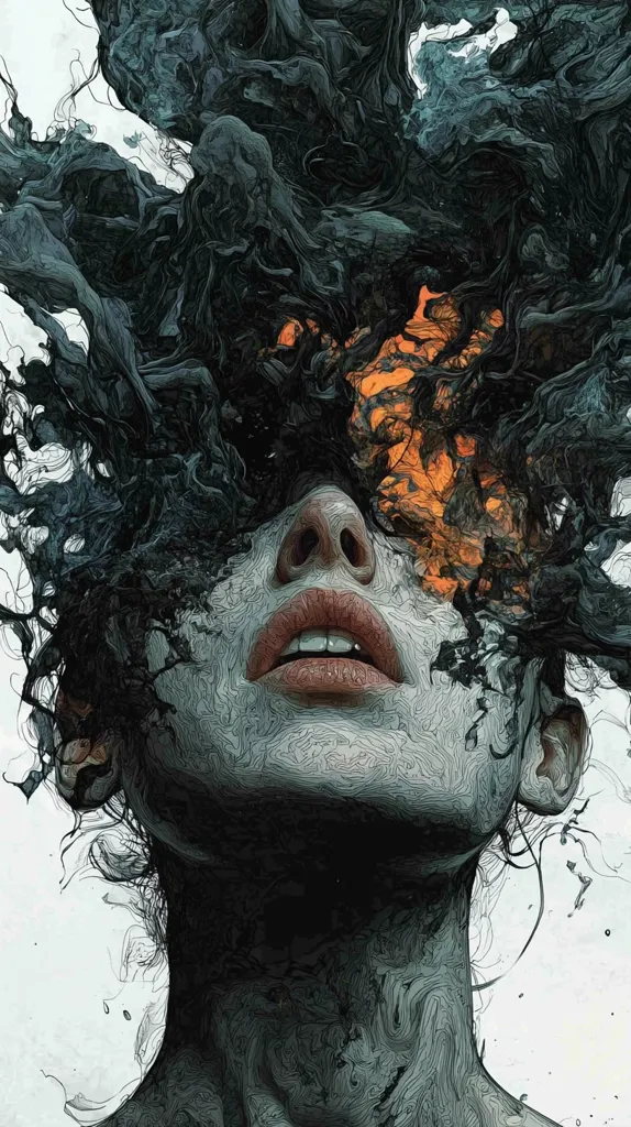 A woman's face is partially obscured by a swirling mass of black and grey tendrils. The woman's eyes are closed, her mouth is slightly open, and she has a look of intense concentration. The tendrils seem to be merging with her skin, creating a sense of unity between the human and the abstract. The background is white, which emphasizes the dark tendrils and the woman's face. The image is visually striking and intriguing, evoking a sense of mystery and power.