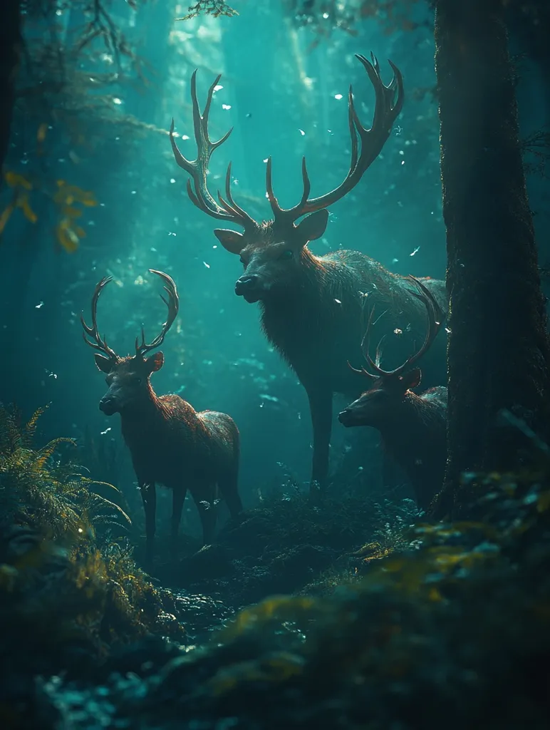 Three deer stand in a misty, green forest. The largest deer, with large antlers, is in the center of the image, looking directly at the viewer. The smaller deer stand to the sides, partially obscured by foliage. The forest is dark and mysterious, with light filtering through the trees.  The image is a beautiful and ethereal portrayal of nature.