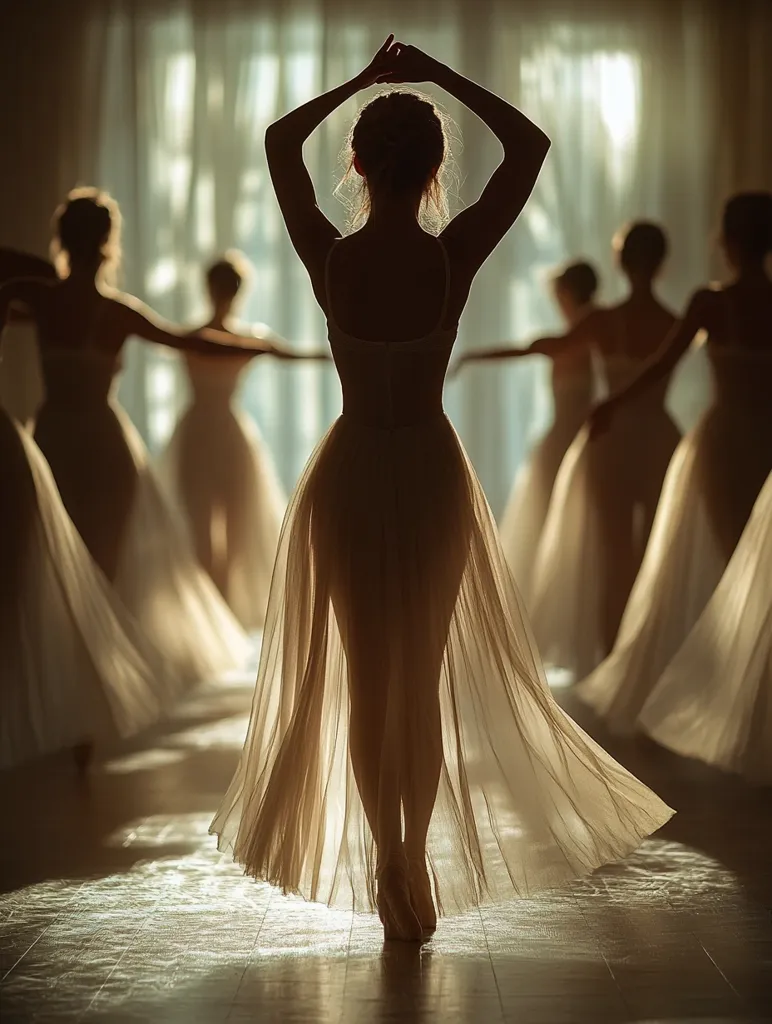 A ballerina in a flowing white dress stands in the center of a line of dancers. The dancers are silhouetted against a bright window. The light from the window illuminates the ballerina's dress and makes it look ethereal. The dancers are all wearing similar dresses, creating a sense of unity. The image is a study in light and form, capturing the beauty of the ballet.