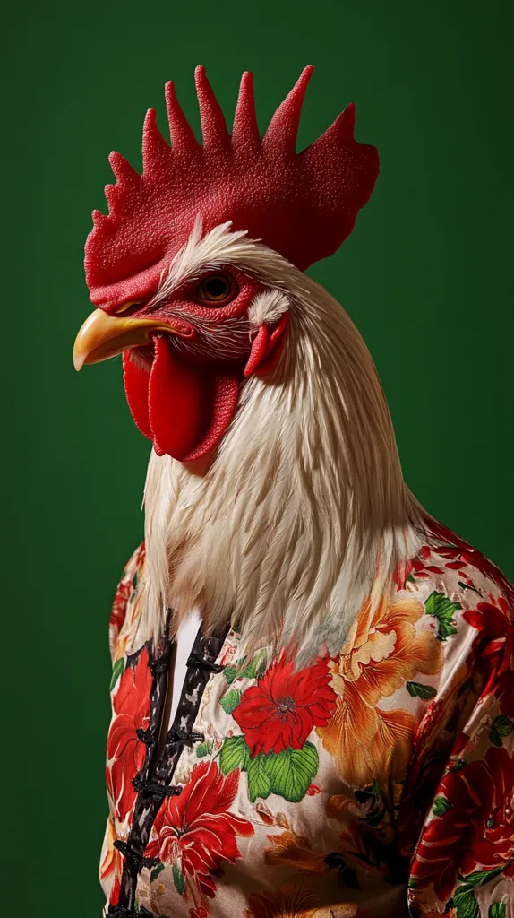 A white rooster with a bright red comb and wattle is wearing a colorful silk robe with floral patterns and black buttons. The background is a solid green. The rooster's expression is serious and its feathers are ruffled. The image is a humorous juxtaposition of a traditional farm animal with a fashionable garment.