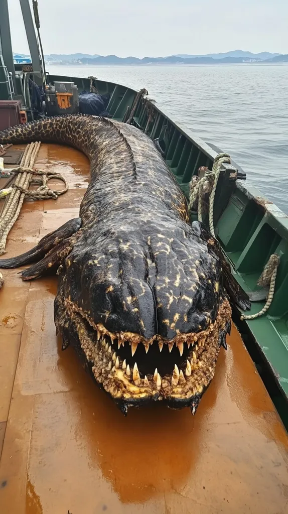 A large, black and yellow creature with sharp teeth lies on the deck of a boat. It looks like a monster from a movie, with a long body and a huge head. The boat is green and there is water in the background.  The creature's mouth is open, revealing its sharp, pointed teeth. The boat's wooden deck is wet and there are some ropes lying on it.
