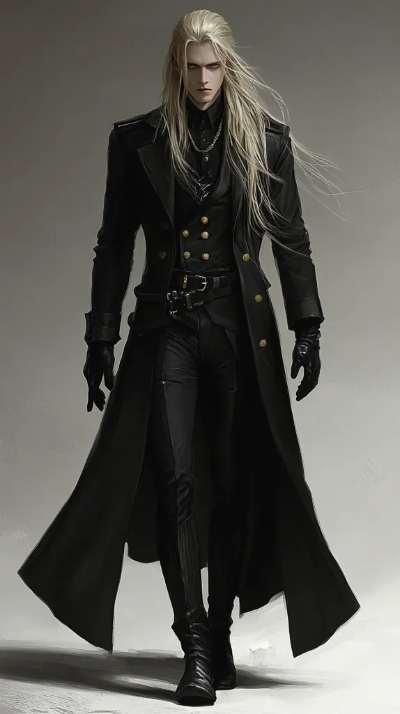 The image depicts a man with long white hair, wearing a long black coat, black pants, and black boots. He has a serious expression on his face and is looking straight ahead. The image has a dark and mysterious atmosphere. He is wearing a gold chain necklace and a gold belt buckle. The lighting is soft and even, casting shadows around him.  The image has a dramatic and elegant feel.