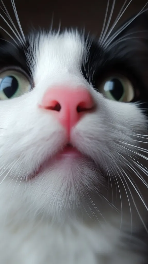 A close-up of a white and black cat's face, with its pink nose and whiskers in focus. The cat's eyes are partially visible and the fur is soft and fluffy. The image is taken from a low angle, giving the viewer a perspective from the cat's point of view. The overall tone of the image is light and playful.