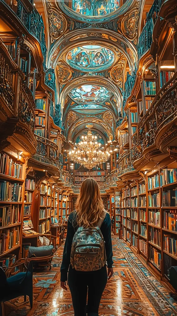 A woman with long blonde hair walks down a grand library corridor.  The walls are lined with bookshelves, filled with volumes, and ornate, gold-painted ceilings with stained glass windows give the space a sense of grandeur.  Light streams in from the windows and a large chandelier hangs from the high ceiling.  The woman is carrying a backpack, and the floors are tiled in a complex pattern.  The scene is one of both beauty and intellectual pursuit.