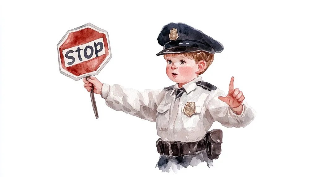A young boy, dressed in a police uniform, holds a stop sign and points with his right hand. He is wearing a white shirt, a black belt, and a black cap. The watercolor illustration is set against a white background. His expression is serious as he directs traffic.  The image is whimsical and playful, capturing the innocence of childhood and the authority of a police officer.