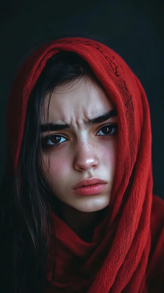 A young woman with long dark hair and a serious expression is wearing a bright red scarf that covers her head and neck. The scarf's texture is visible, and the woman's face is partially obscured by it. Her eyes are dark and intense, and her lips are slightly parted. The background is dark and out of focus. The image conveys a sense of mystery and intrigue.