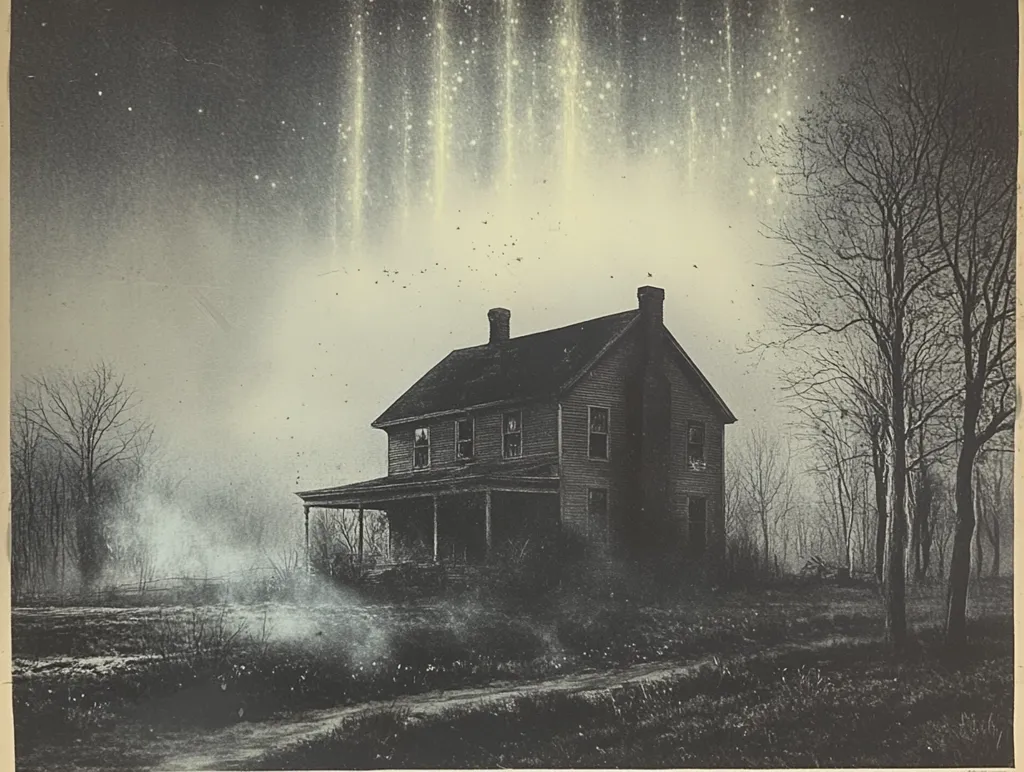 A dark, two-story house with a porch sits alone in a field. The sky is grey and overcast with faint beams of light shining down. The house is surrounded by bare trees with branches reaching towards the sky. The ground is covered in short grass and a dirt path leads away from the house.  The image has a haunting and eerie feeling.