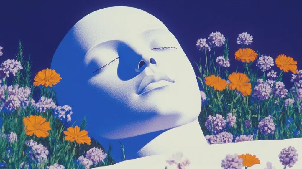 The image depicts a close-up of a woman's face, her eyes closed in a state of peaceful slumber. She appears to be lying on a bed of vibrant purple and orange flowers, with a deep blue background. The soft lighting and the woman's relaxed expression create a serene and dreamlike atmosphere.  The image evokes a sense of tranquility and the beauty of nature.