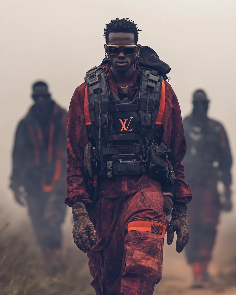 A man in a red camo jumpsuit and a black tactical vest with a Louis Vuitton "LV" logo walks forward, wearing dark sunglasses and black gloves.  Two other figures in similar attire are blurred in the background, suggesting a group moving through a foggy, outdoor environment.  The overall atmosphere is cool and mysterious.