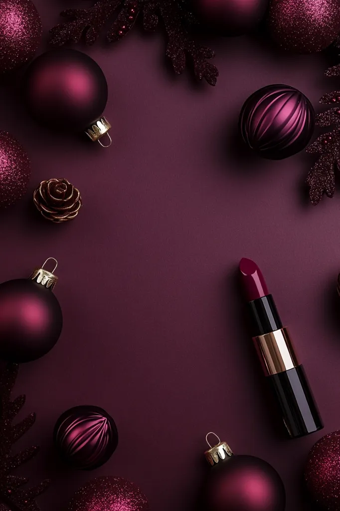 A rich, burgundy background is adorned with shiny, dark purple Christmas ornaments.  Sparkle embellishments and a single, bold lipstick complete the luxurious, festive scene. The image has a minimal, elegant feel, perfect for a holiday-themed design.