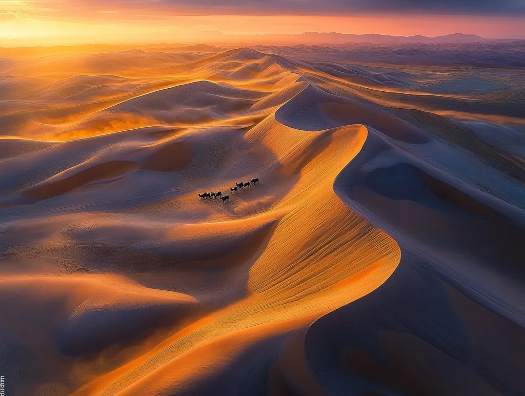 A wide shot of a vast, rolling desert landscape at sunset. The sun casts long shadows across the sand dunes, giving them a warm orange glow. In the distance, a line of camels and their riders slowly traverse the dunes. The sky is a mix of orange, pink, and purple, creating a beautiful and serene scene.