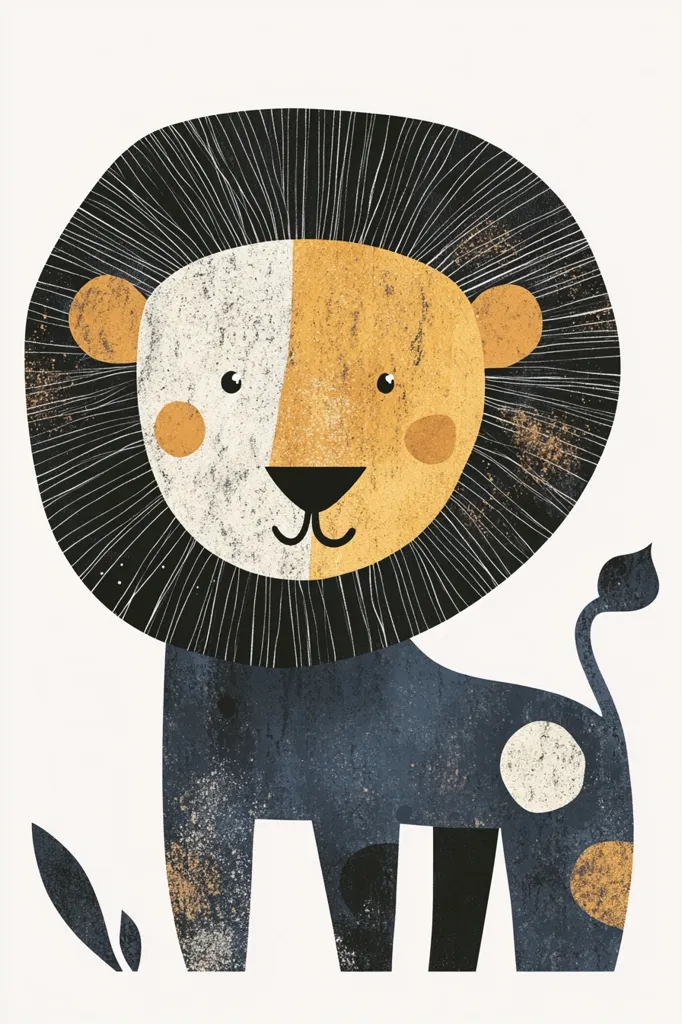 The image is a simple illustration of a lion. The lion is standing with its legs apart and its tail curled up behind it. It has a black mane, a blue body with white and yellow spots, and a yellow and white face. The illustration is done in a minimalist style with bold lines and muted colors. The background is white.