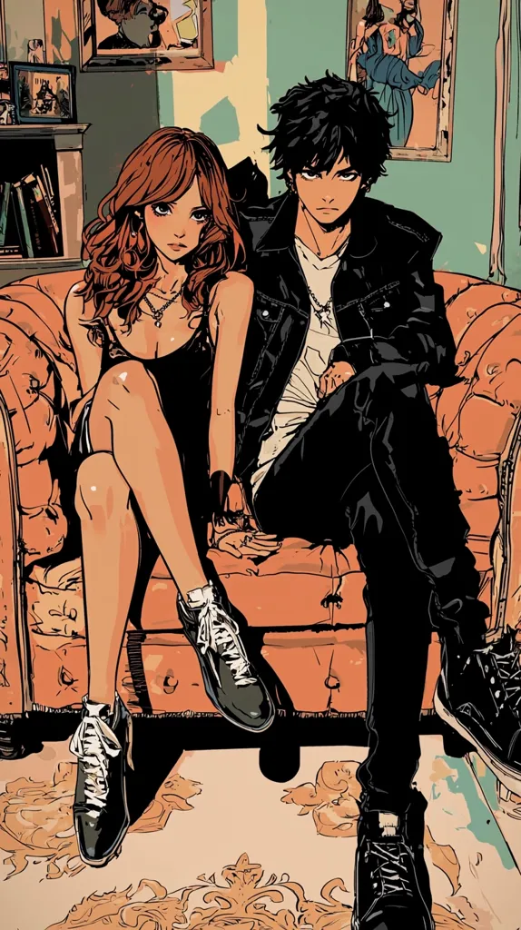 A young woman with long red hair sits on a couch with a young man. She wears a black dress and black boots while he wears black pants, a black leather jacket, and black boots. He has dark hair and a serious expression on his face, while she looks more relaxed and casual. They both have a confident and stylish look. The image has a vintage, comic-book style.  The background includes a bookcase, framed pictures, and an ornate rug.
