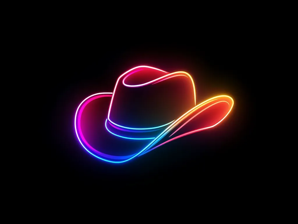 A neon cowboy hat, outlined in shades of pink, orange, yellow, and blue, against a black background. The neon light creates a vibrant and eye-catching effect. The hat is tilted slightly, suggesting a sense of movement and energy. The image is stylized and graphic, with a futuristic and modern feel.