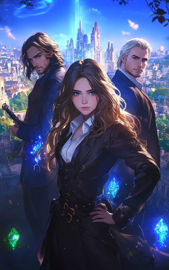 A young woman with long brown hair and blue eyes stands confidently between two men. She is dressed in a black jacket and white shirt, and she holds a glowing blue crystal in her hand. The men are also dressed in black, and they appear to be holding glowing blue crystals as well. The background is a city with a large castle in the distance, and there are blue lights shining down from the sky. The image evokes a sense of fantasy and adventure.